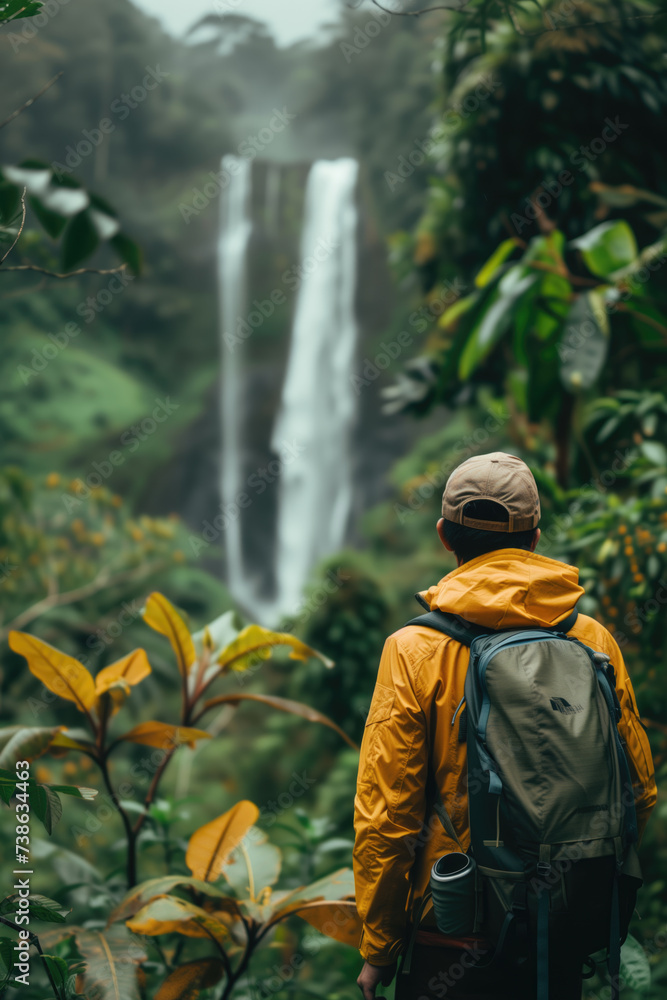 A backpacker man standing in front of big waterfall in the jungle