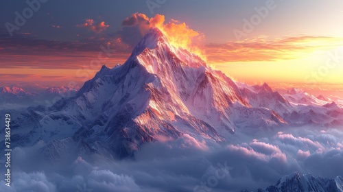 Snow-Covered Alpine Peaks at Sunset: A picturesque view of snow-capped alpine peaks bathed in the warm hues of a setting sun. 