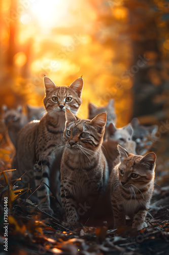 Wild cat family in the forest in the summer evening with setting sun. Group of wild animals in nature. © linda_vostrovska