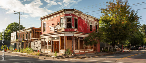 Abandoned red brick building on a street corner with trees and clear sky. Urban decay scene. Design for poster, banner