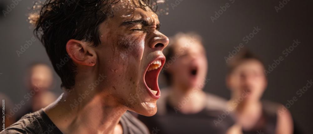 A young actor in the middle of a performance, an exciting emotional release, theatrical rehearsal, close-up, a place to copy - obrazy, fototapety, plakaty 