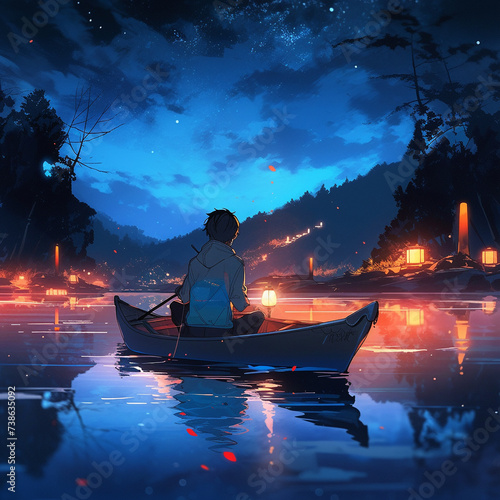 boy sitting on a rowing boat in the middle of the lake at night, anime character