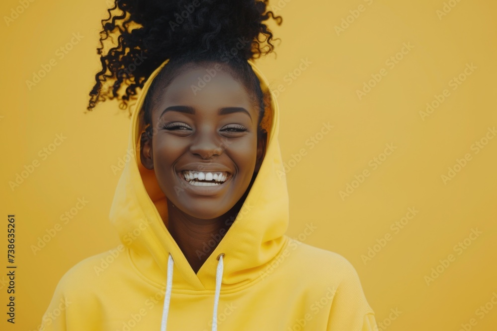 A woman wearing a yellow hoodie smiles at the camera. Suitable for various uses A woman wearing a yellow hoodie smiles at the camera. Suitable for various uses