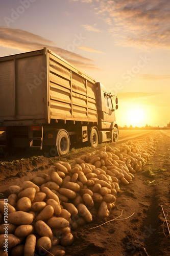 Cargo truck carrying lemon fruit in an orchard with sunset. Concept of food production, transportation, cargo and shipping. © linda_vostrovska