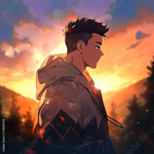 A young man and a backlit sunset, in anime form