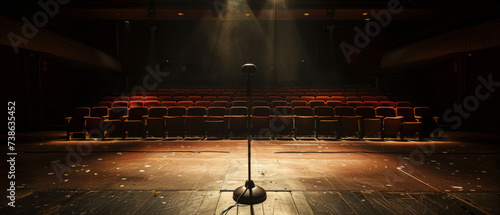 Empty Stage with Single Microphone, Theatrical Ambience and Anticipation. The concept of theatrical art