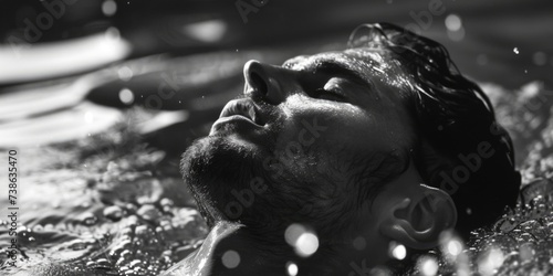 A black and white photo capturing a man immersed in water. Suitable for various applications