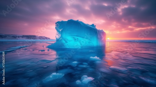 As the sun sets behind the clouds, a majestic iceberg stands tall in the tranquil ocean, creating a stunning seascape of natural beauty and wonder