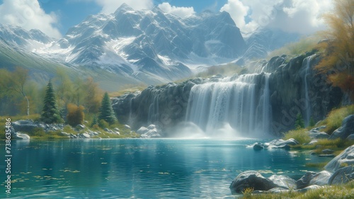 A serene autumn scene of a majestic waterfall cascading into a peaceful lake surrounded by snow-capped mountains and lush trees