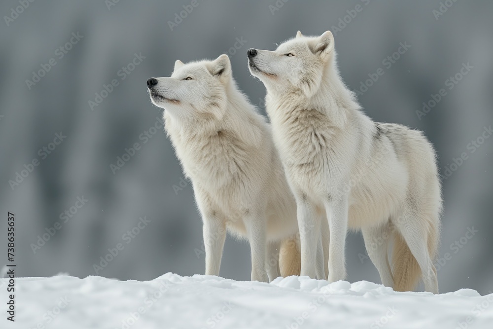 Two majestic wolves, their white coats blending with the snowy landscape, stand strong and free in the harsh winter, embodying the untamed spirit of the wild