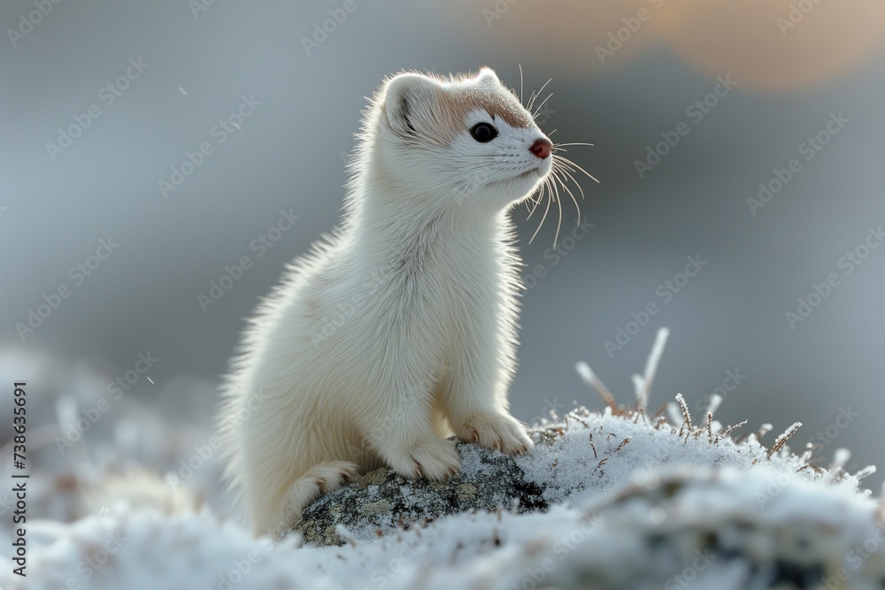 A resilient weasel, adorned in its pristine winter coat, boldly perches upon a snowy rock, embodying the wild spirit of the mustelid family A resilient weasel, adorned in its pristine winter coat, boldly perches upon a snowy rock, embodying the wild spirit of the mustelid family