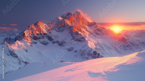 Snow-Covered Alpine Peaks at Sunset  A picturesque view of snow-capped alpine peaks bathed in the warm hues of a setting sun. 
