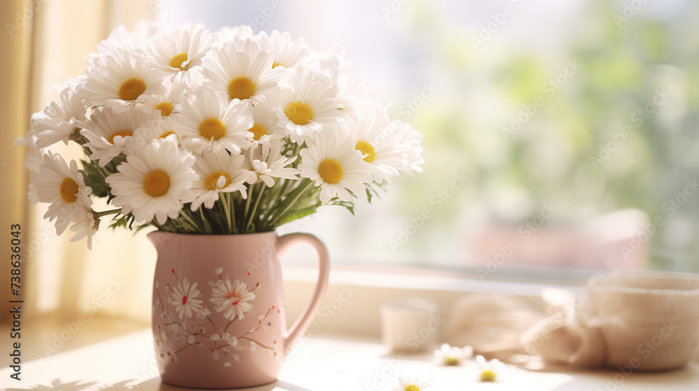 there is a lush bouquet of daisies in a cup on the windowsill, it’s warm outside, spring