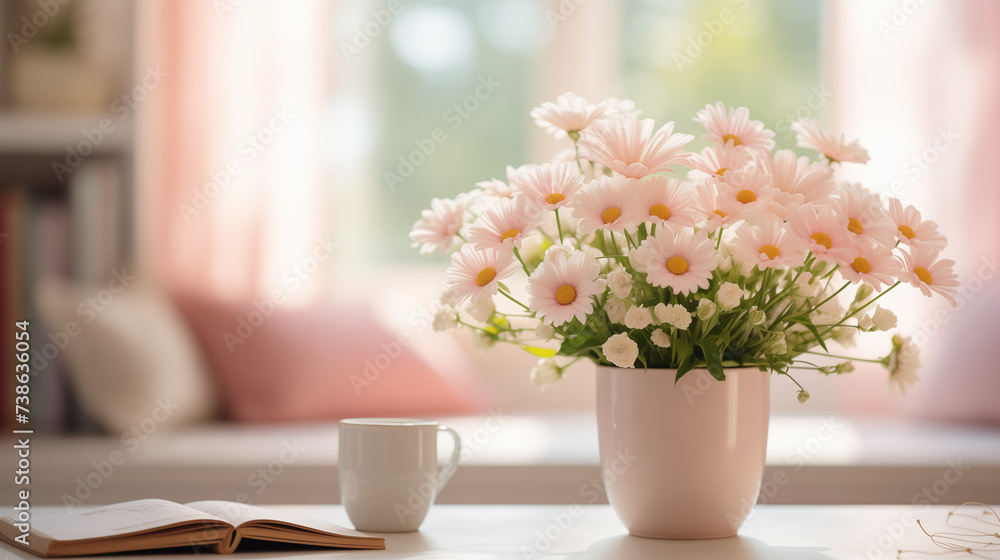 a lush bouquet of daisies stands on the table against the background of a window, next to an open book and a cup of drink a lush bouquet of daisies stands on the table against the background of a window, next to an open book and a cup of drink