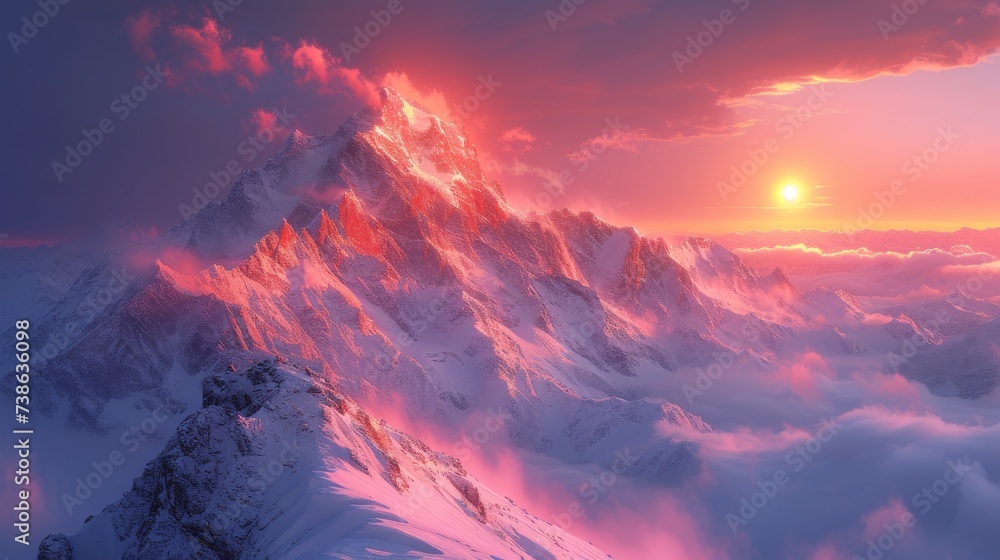 Snow-Covered Alpine Peaks at Sunset: A picturesque view of snow-capped alpine peaks bathed in the warm hues of a setting sun. Snow-Covered Alpine Peaks at Sunset: A picturesque view of snow-capped alpine peaks bathed in the warm hues of a setting sun.