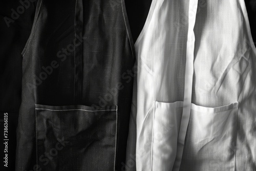 Two aprons hanging on a wall, perfect for adding a touch of style to your kitchen. Ideal for home decor or use in cooking-related designs