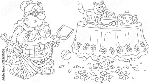 Funny granny with a broom and dustpan going to clean up fragments of a broken beautiful vase with flowers after a mischief of a sly cat in her kitchen, black and white vector cartoon illustration