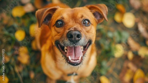 A brown dog standing on top of a lush green field. Suitable for pet-related themes or outdoor activities