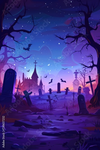 A spooky graveyard scene at night with tombstones and bats. Perfect for Halloween decorations or horror-themed projects