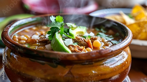 A steaming bowl of pozole stew with tender pork, hominy, and fresh avocado photo