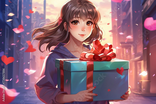 cartoon anime woman carrying gift box