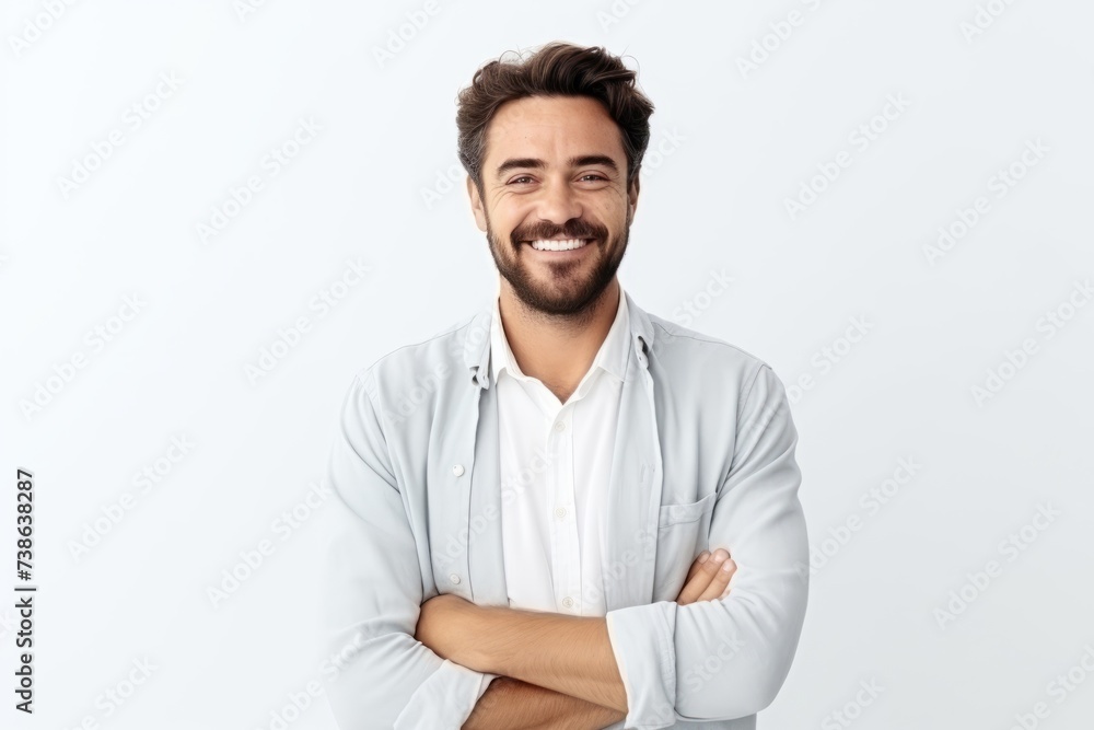 Portrait of handsome smiling man with crossed arms standing against white background - obrazy, fototapety, plakaty 