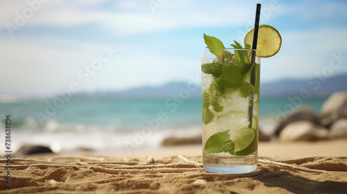 Mojito cocktail on front of the sea on the sand