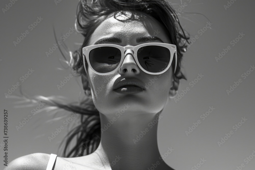 Woman wearing sunglasses on a beach. Perfect for summer vacation or travel-themed designs Woman wearing sunglasses on a beach. Perfect for summer vacation or travel-themed designs