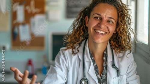 Smiling female doctor gesturing and explaining patient in medical practice