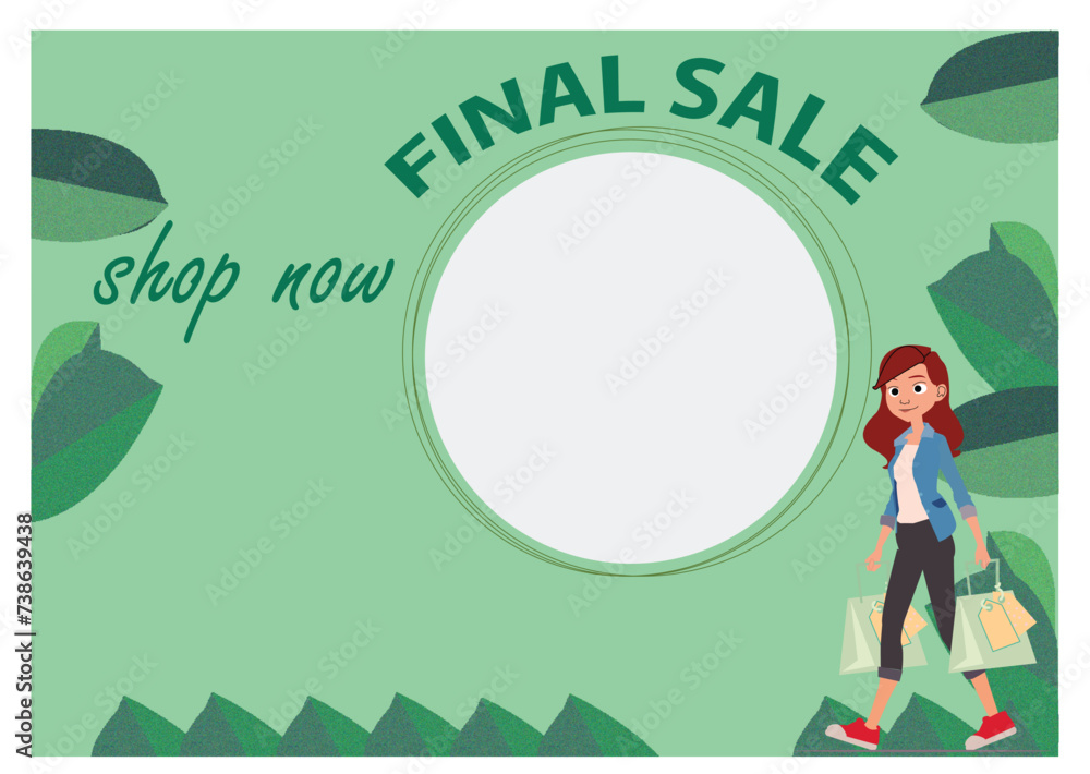 Editable vector Spring sale banner, final sale, with girl customer with shopping bags. Space for additional text. Editable vector Spring sale banner, final sale, with girl customer with shopping bags. Space for additional text.