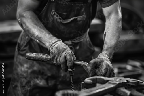 A man is diligently working on shaping a piece of metal. This image can be used to depict craftsmanship, industrial work, or metalworking skills