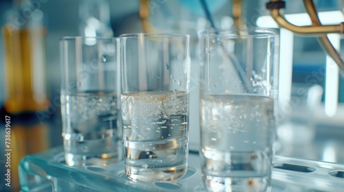 A row of glasses filled with water sitting on top of a counter. Can be used to depict hydration, refreshment, or a restaurant setting