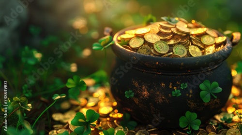 A pot filled with shiny gold coins, sitting amidst the green grass. Perfect for concepts related to wealth, luck, and financial success