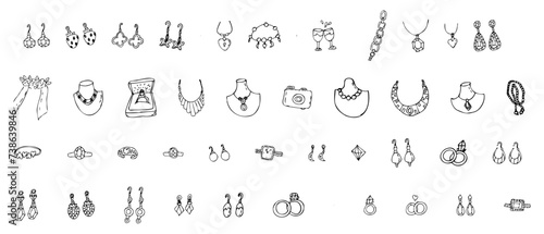 Hand drawn sketch jewelry set of diamond necklace, ring and other jewel supplies, wedding items. Vector illustration isolated. Can used for greeting card, beauty banner, posters, clothes print. 