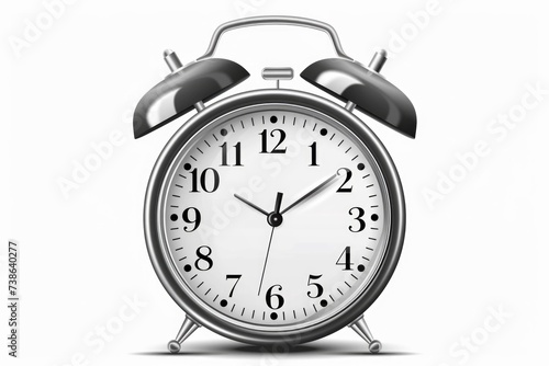 A silver alarm clock on a plain white background. Suitable for time management concepts or as a symbol for waking up early