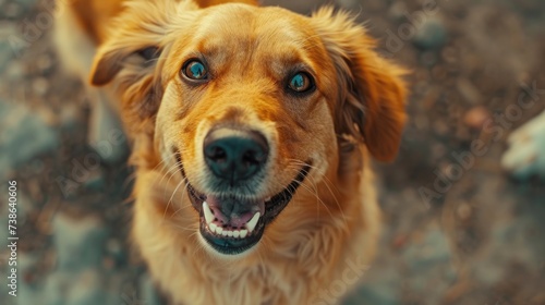 A close-up photograph of a dog looking directly at the camera. This image can be used to capture the curiosity and innocence of pets