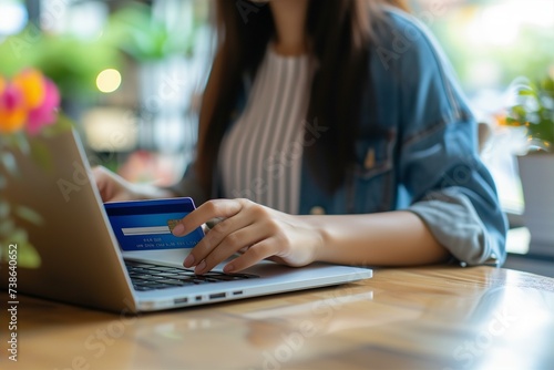 A close-up of a woman making an online purchase, entering information on her laptop and paying with a credit card photo