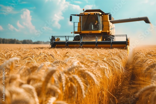 Combine harvester harvests ripe wheat, agriculture