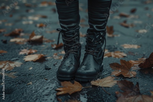 Black boots standing on a wet surface, suitable for fashion, outdoor, or rainy day themes