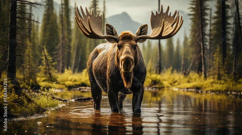 Fototapeta premium A Golden Hour Portrait of a Moose in Yellowstone