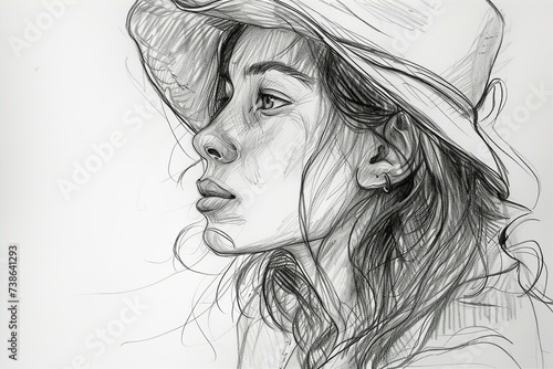 sketch drawing picture of a woman with hat photo