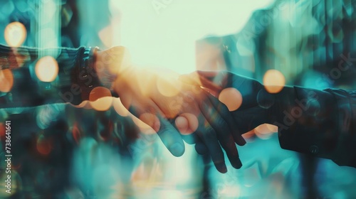 Double exposure group people hands were collaboration to trust in business success concept of teamwork partnership in company photo