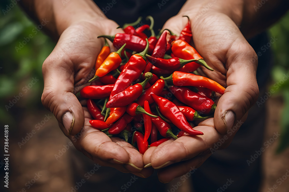 Close up of red hot Chilies isolated on hand. Hand holding a handful of fresh harvested red hot peppers. Chili cook herbal ingredients. Chilies in hand against natural background. Selective Focus. - obrazy, fototapety, plakaty 