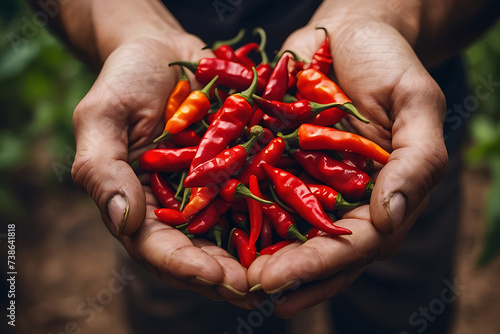 Close up of red hot Chilies isolated on hand. Hand holding a handful of fresh harvested red hot peppers. Chili cook herbal ingredients. Chilies in hand against natural background. Selective Focus. photo