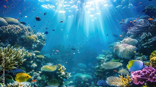 underwater coral reef landscape background in the deep blue ocean with colorful fish and marine life © buraratn