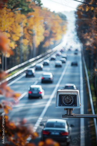 A camera mounted on a pole overlooking a busy highway. Ideal for surveillance and traffic monitoring purposes photo