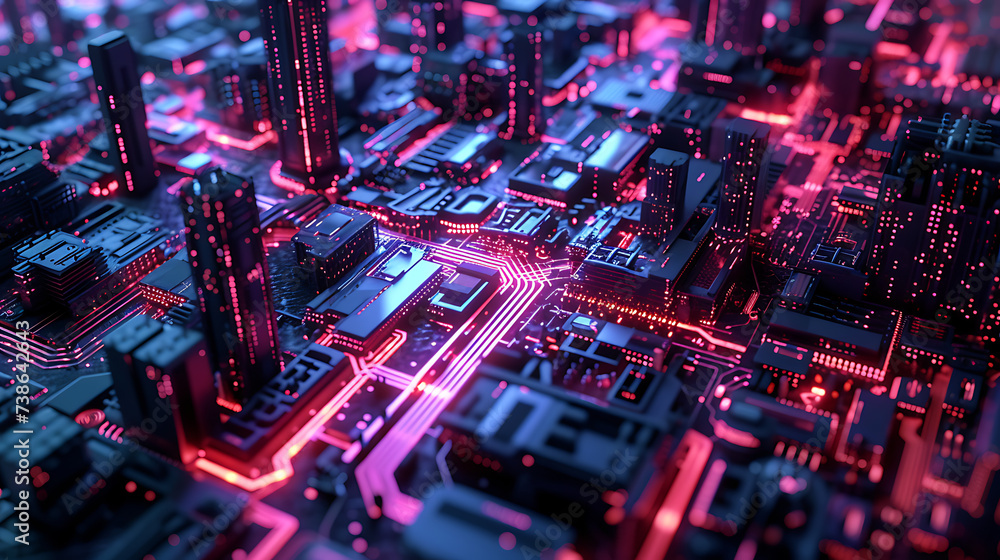 Neon-lit circuit board cityscape, where data flows through electrifying pathways