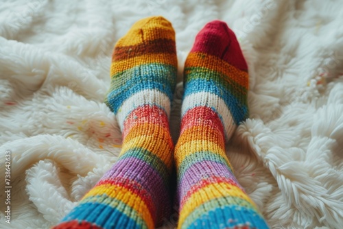 A close-up view of a person's feet wearing colorful socks on a white blanket. This image can be used to depict relaxation, coziness, or a comfortable home environment