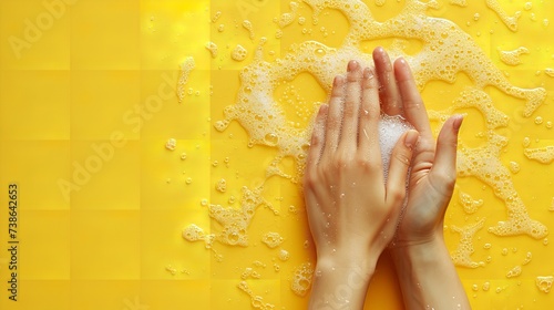 Portrait of female hand scrubbing hand against a yellow backdrop with a big empty space for text or product, Generative AI. photo