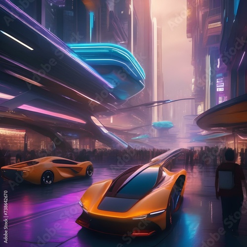 A futuristic cityscape with flying cars and neon lights, bustling with activity and energy, showcasing a high-tech world1 photo